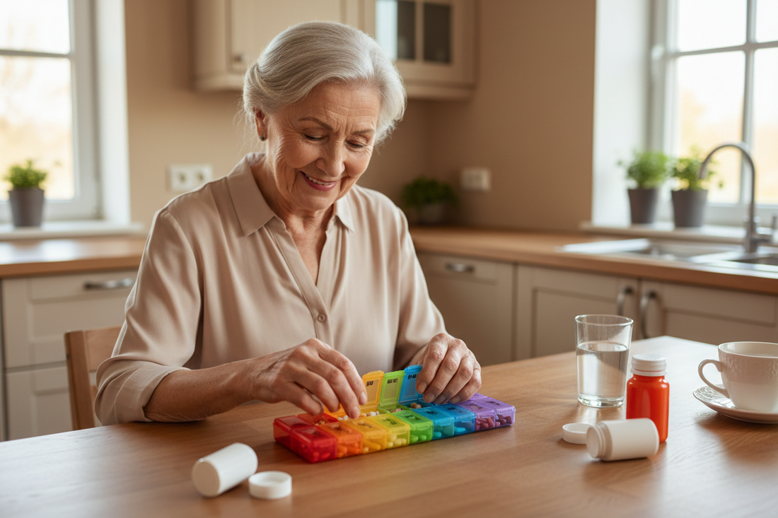 Weekly pill organizer for seniors with AM/PM compartments