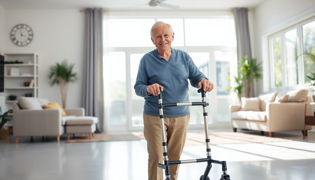 Senior using a rollator walker outdoors for daily mobility and independence
