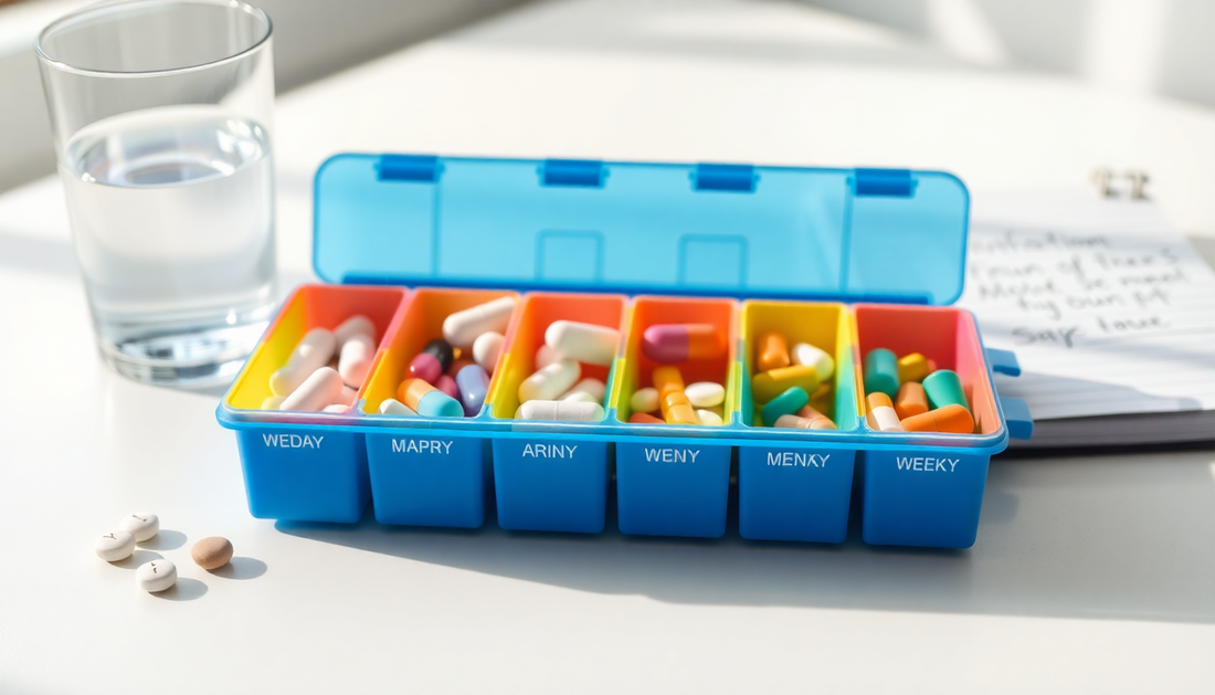 Weekly pill organizer with AM/PM compartments for senior medication management