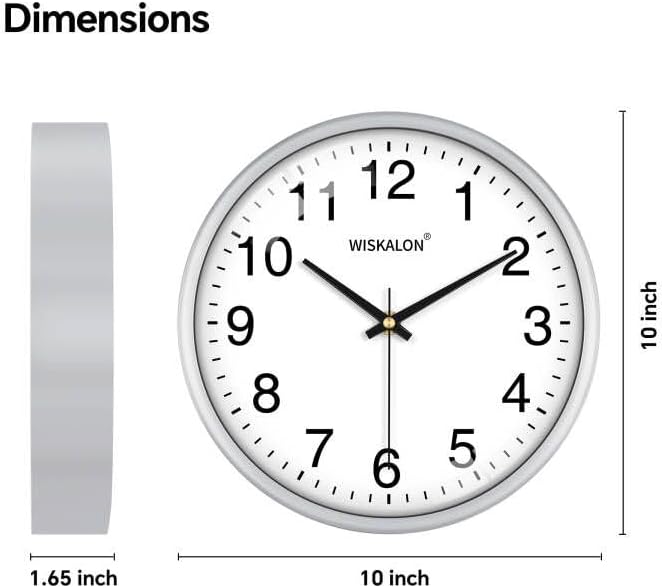 WISKALON 10 Inch Wall Clock, Silent Non-Ticking Round Silver Frame Clock with Glass, Battery Operated, Easy to Read for Home/Office/School