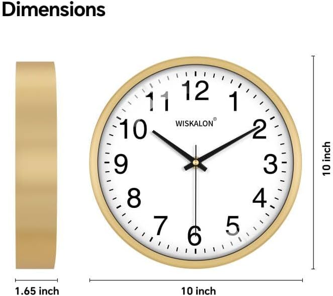 WISKALON 10 inch Wall Clock,Silent Non-Ticking Elegant Golden Frame Clock,Classic Digital Wall Clocks with Glass,Battery Operated Round Wall Clock,Easy to Read Home/Office/School Golden Clock