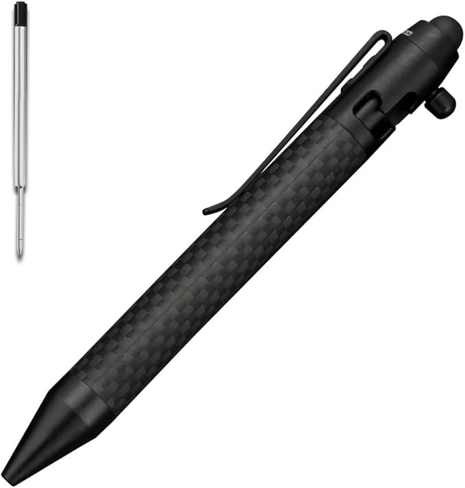 Cool Hand 4.9'' Carbon Fiber Bolt Action Pen Stylus for Touch Screen, Ballpoint Ink Refillable, Compact Size, Skelton Out Deep Pocket Clip for Easy Carring