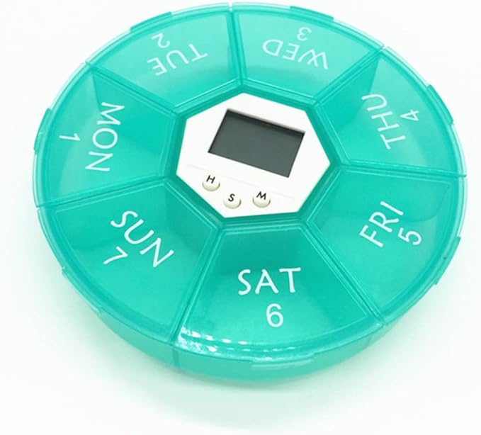 Compartments Electronic Medicine Reminder Box with Alarm Clock Portable Weekly Pill Organizer for Patients Green Easy-Read Day Labels See-Through Lids Daily Alarms to Prevent