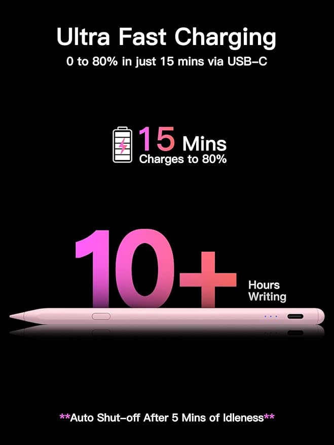 Stylus Pen for ipad 2018-2026, USB-C Fast Charging Pencil, Pixel-Perfect Tilt Sensitivity for iPad 11/10/9/8/7/6/A16, iPad mini 7/6/5, iPad Air M4/3/2 11"/13"/5/4/3, iPad Pro M5/4 13"/12.9″/11″ Pink