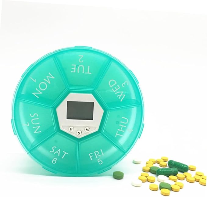 Compartments Electronic Medicine Reminder Box with Alarm Clock Portable Weekly Pill Organizer for Patients Green Easy-Read Day Labels See-Through Lids Daily Alarms to Prevent