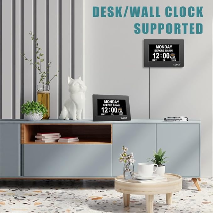 SVINZ Dementia Clock for Seniors, Large Number Digital Calendar Clock with Date and Day of Week for Elderly Alzheimer, 20 Custom Alarms and Tags