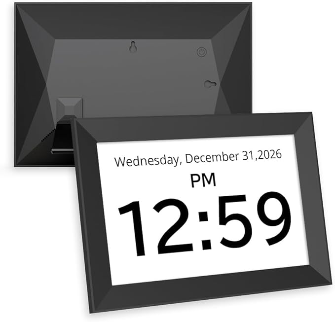Santek] Large Digital Clock for Seniors - Easy-to-Read Display with Date & Time, Touch Screen, Loud Alarm - Wi-Fi Photo Frame with Weather & Calendar, Adjustable Brightness (Black, 10.1")