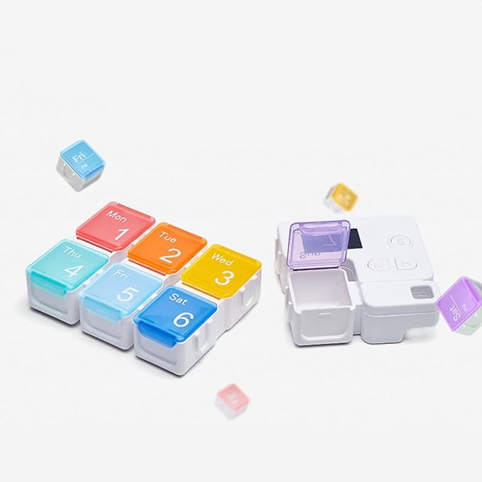 Weekly Rainbow Pill Organizer 7 Compartments with Alarm Reminder, Plastic Cubes-Shaped Medication Dispenser for Home Travel Patient Storage