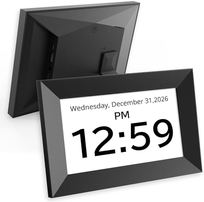 Santek] Large Digital Clock for Seniors - Easy-to-Read Display with Date & Time, Touch Screen, Loud Alarm - Wi-Fi Photo Frame with Weather & Calendar, Adjustable Brightness (Black, 7")