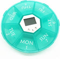 CLISPEED 7-Compartment Portable Pill Box with Electronic Alarm Clock, Taking Medicine Reminder Container for Patients, Green Weekly Medication Organizer for Travel and Daily Use