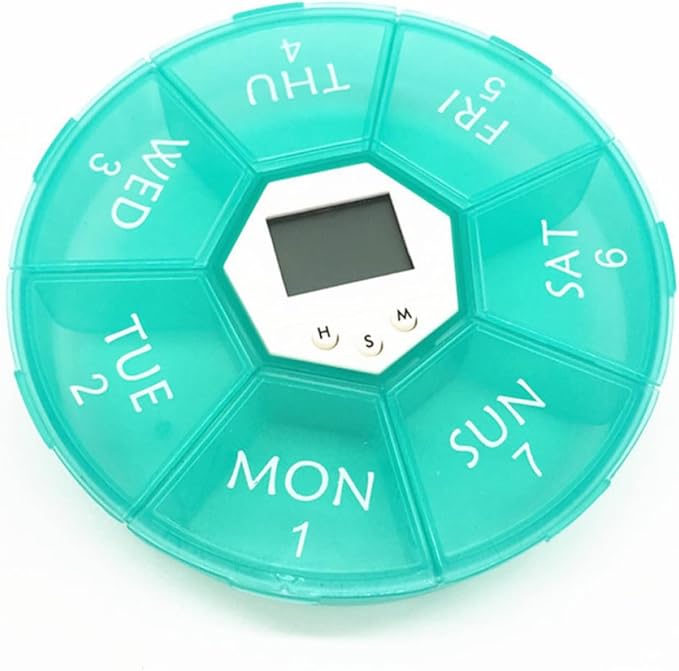 CLISPEED 7-Compartment Portable Pill Box with Electronic Alarm Clock, Taking Medicine Reminder Container for Patients, Green Weekly Medication Organizer for Travel and Daily Use