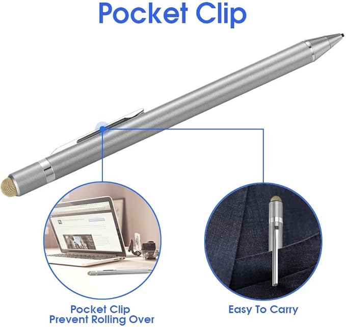 2-in-1 Active Stylus Digital Pen with 1.5mm Ultra Fine Tip for iPad iPhone Samsung Tablets, Work on Touchscreen Phones and Tablets,Good at Drawing and Writing, Grey