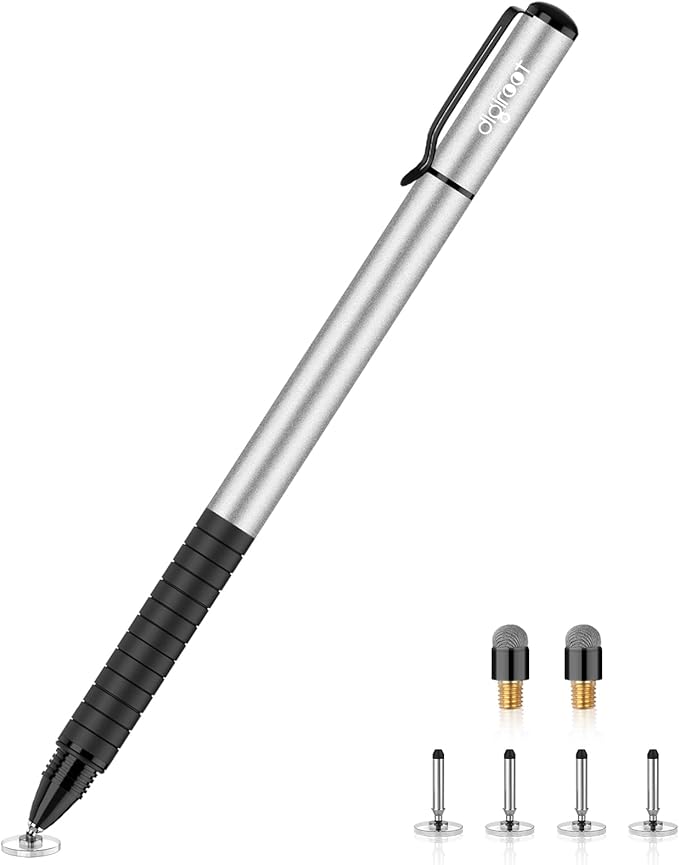 Digiroot Universal Stylus,[2-in-1] Disc Stylus Pens for All Touch Screens Cell Phones, iPad, Tablets, Laptops with 6 Replacement Tips(4 Discs, 2 Fiber Tips Included) - (Silver)