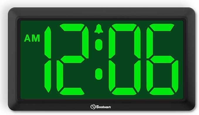 Soobest 9.5 Inch Large Digital Wall Clock Battery Operated, Auto & Manual Dimmer Display, Easy to Read Big Digits with Alarm for Seniors, Modern Decor for Living Room, Bedroom, Office (3.2" Numbers)