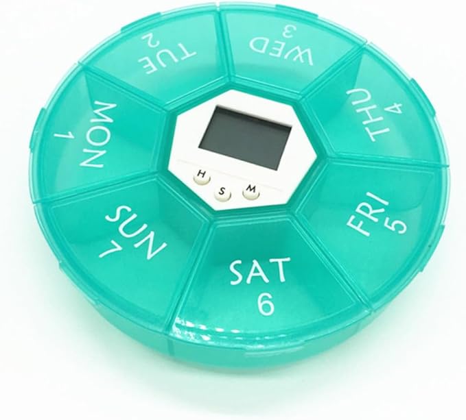 Electronic Medicine Organizer with Alarm Clock Reminder Portable Weekly Pill Box for Patients Easy-Read Day Labels Transparent Lids Green