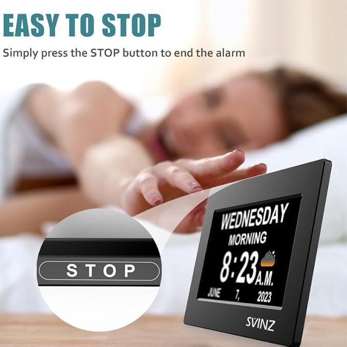 SVINZ Dementia Clock for Seniors, Large Number Digital Calendar Clock with Date and Day of Week for Elderly Alzheimer, 20 Custom Alarms and Tags