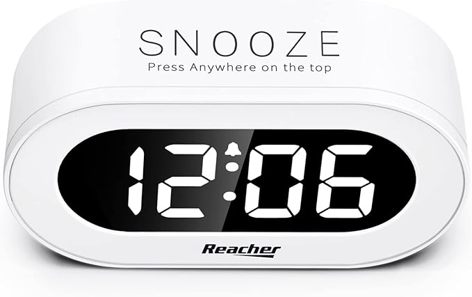 REACHER Small LED Digital Alarm Clock with Snooze, Simple to Operate, Full Range Brightness Dimmer, Adjustable Alarm Volume, Outlet Powered Compact Clock for Bedrooms, Bedside, Desk, Shelf(White)