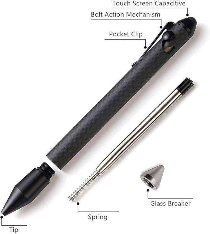 Cool Hand 5.9'' Bazooka Style Bolt Action Pen with Stylus for Touchscreen, Carbon Fiber Body, w/Pocket Clip, Ballpoint Ink Refillable, Glass Breaker Replaceable Parts Included, Black