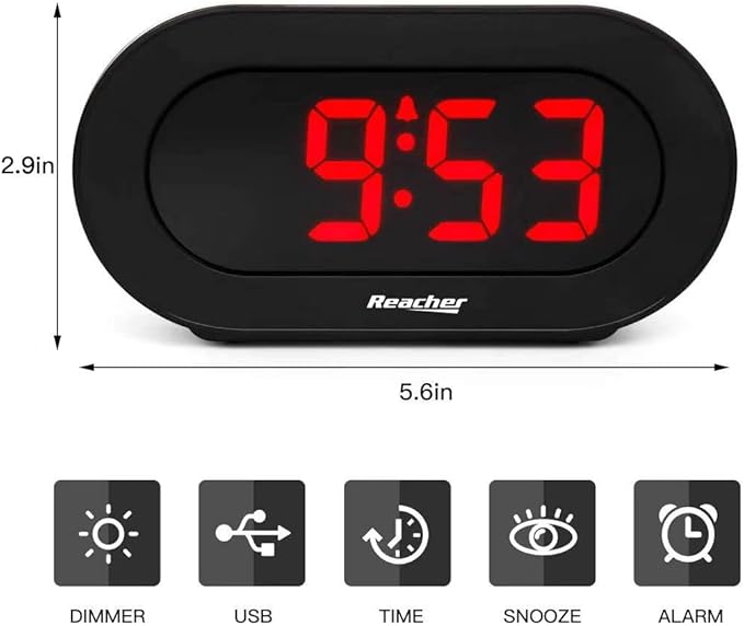 REACHER Small LED Digital Alarm Clock with Simple Operation, Full Range Brightness Dimmer, USB Phone Charger Port, Easy Snooze, Adjustable Alarm Volume, Outlet Powered for Bedrooms Bedside(Black)