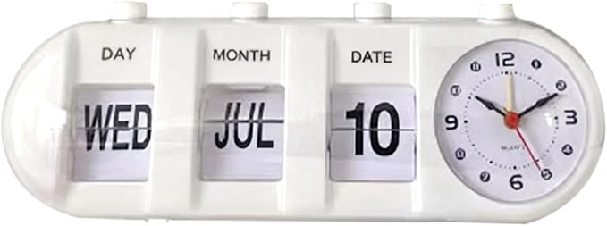 Flip Clock, Retro Table Clock Non Ticking Calendar Alarm Clocks Jump Desktop Clocks with Date, Month, Day of Week Display (White)