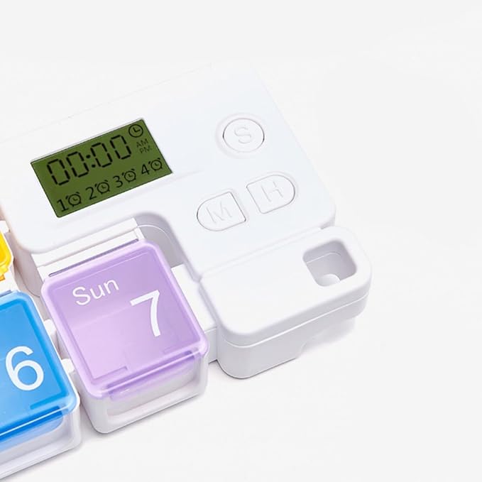7-Compartment Rainbow Pill Organizer with Alarm Reminder, Plastic Weekly Medicine Dispenser for Travel and Home Use, Personal Storage Container for Daily Medication Management