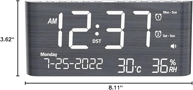 PPLEE 8.7inch Digital Alarm Clock for Bedroom-Digital Clock with Day of Week Month Year Humidity & Temperature Brightness Snooze 2 Alarm Clock & 2 USB Charger Desk Clock for Heavy Sleeper