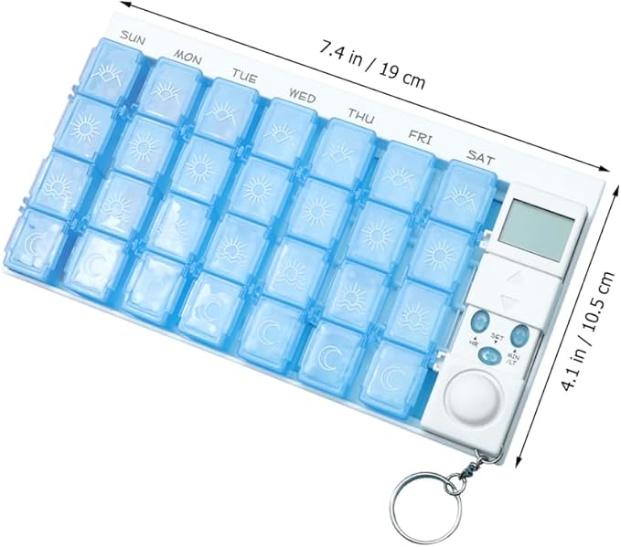 Fomiyes 7 Day Timed Medicine Box with Alarm Reminder 28 Grids Compartments Removable Timer Backlight Weekly Pill Organizer for Vitamins and Pills 7.48 * 4.13 * 0.98inch