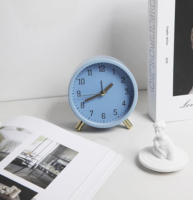 SHISEDECO Alarm Clock with Backlight, 4.5 inches Bedside Analog Non-Ticking Silent Small Deskclock with Arabic Numerals, Battery Operated Round Tableclock for Living Room, Bedroom (Blue)