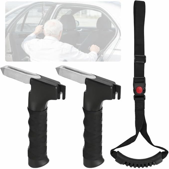 3 PCS Car Door Assist Handle and Strap Set, 4 in 1 Vehicle Support Handle with Seat Belt Cutter and Window Breaker, Portable Car Entry Aid for Elderly Seniors Pregnant Handicapped