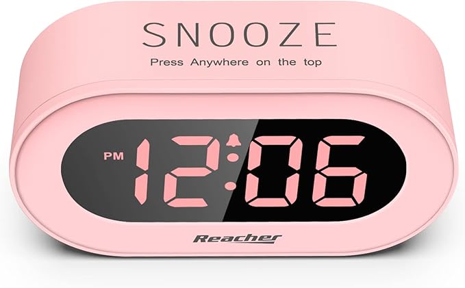 REACHER Pink Girls Alarm Clock for Kids Bedroom, Dimmable LED Digital Display, Outlet Powered, Adjustable Volume, Simple to Use, Snooze, Small Size for Bedside, Desk, Toddler