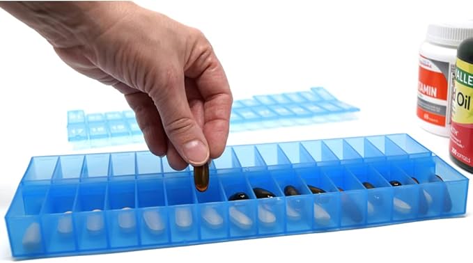 31 Day Monthly Pill Organizer, Once-A-Day Medication Planner with Removable Lid, Large Compartments, 3 Color Set for Multiple People Or 3 Times-Daily Use (3X a Day - Yellow, Clear & Blue)