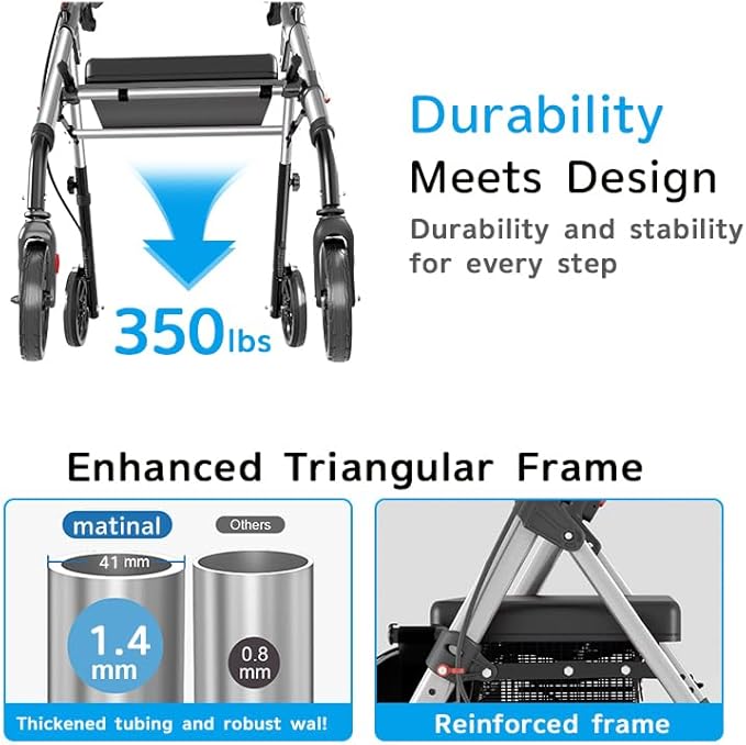 Foldable Rollator Walkers with Seat for Seniors, Lightweight Rollator Walker with 8" Big Wheels, Height Adjustable Ergonomic Rolling Walker Seat, Aluminum and Carbon Steel (Silver)