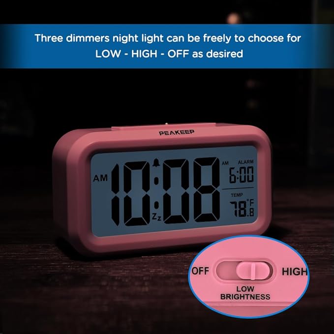 Peakeep Night Light Alarm Clock Battery Operated with Indoor Temperature, Desk Digital Clock for Kids Girls Bedrooms (Pink)