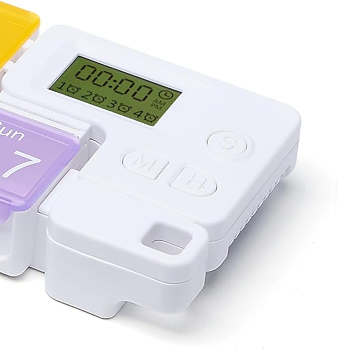 DOITOOL 7-Cube Weekly Pill Organizer with Colorful Compartments, Alarm Reminder Medication Dispenser for Travel and Home Use, Plastic Storage Case for Patient Medicine Management