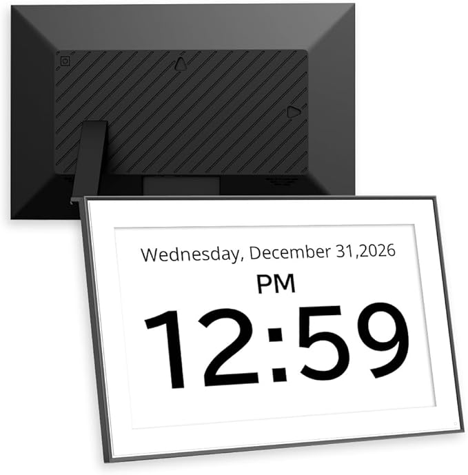 Santek] Large Digital Clock for Seniors - Easy-to-Read Display with Date & Time, Touch Screen, Loud Alarm - Wi-Fi Photo Frame with Weather & Calendar, Adjustable Brightness (White, 15.6")