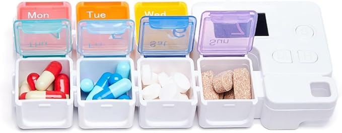 Weekly Rainbow Pill Organizer 7 Compartments with Alarm Reminder, Plastic Cubes-Shaped Medication Dispenser for Home Travel Patient Storage