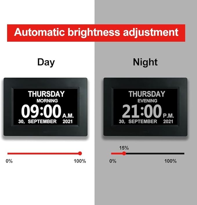TMC 7 Inch Digital Clock with Day and Date for Elderly - 12 Alarm Options, Auto-Dim, Age Seniors,Elderly, Alzheimer