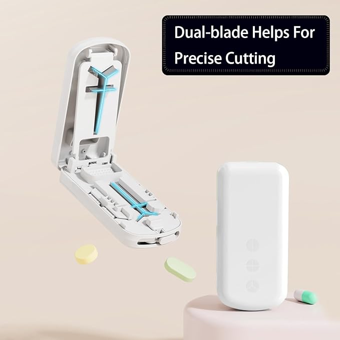 Portable Dual-Blade Pill Cutter and Crusher with Silicone Grip and Safety Lock