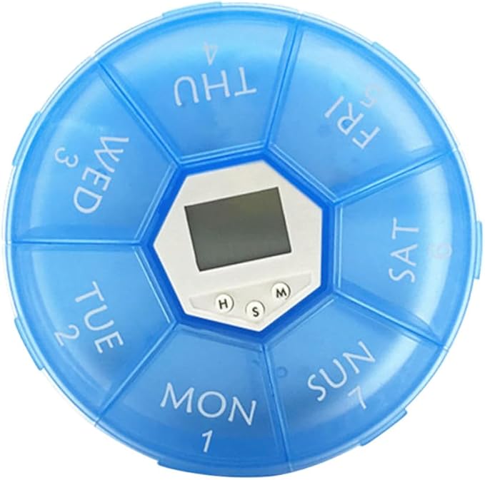 Compartments Electronic Medication Reminder Pill Box with Alarm Clock Portable Weekly Pill Organizer for Patients See-Through Lids and Day Markings Blue English Edition