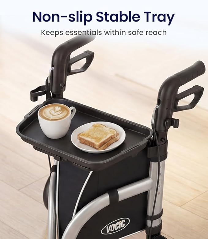 VOCIC 3 Wheel Walkers for Seniors,Z25 Pro Foldable Rollator with 8" Airless Tires & Non-Slip Tray, Cane Holder & Cup Holder, Lightweight Three Wheel Rolling Walker Height Adjustable, Supports 300 lbs