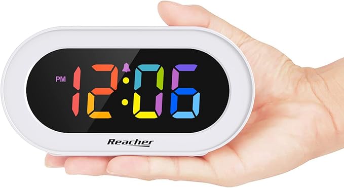 REACHER Small Colorful LED Digital Alarm Clock with Snooze, Simple to Operate, Full Range Brightness Dimmer, Adjustable Alarm Volume, Outlet Powered Compact Clock for Bedrooms, Bedside, Desk, Shelf