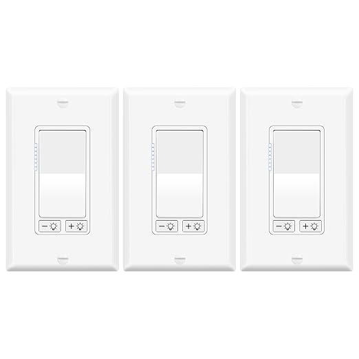 3 Pack Dimmer Light Switch for Dimmable LED Light, Single Pole/3-Way,No Neutral Wire Required,Work with LED/CFL (300W Max) & Halogen/Incandescent (600W Max) Bulbs, UL Listed, White
