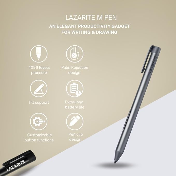 LAZARITE M Pen Black, Active Stylus for Microsoft Surface, Lenovo Yoga 7i/9i, Flex 5, Hp Envy x360/Pavilion x360/Spectre x360, 4096 Pressure Sensitivity, Palm Rejection, Tilt Support