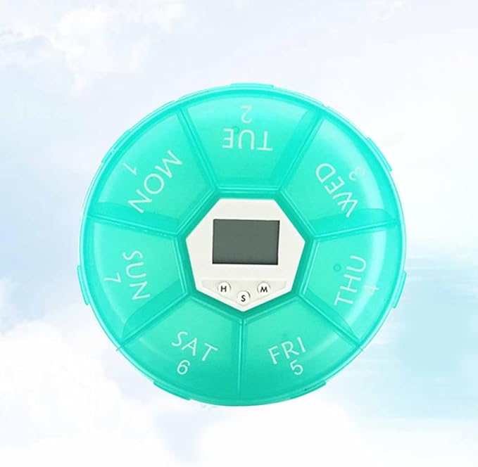 CLISPEED 7-Compartment Portable Pill Box with Electronic Alarm Clock, Taking Medicine Reminder Container for Patients, Green Weekly Medication Organizer for Travel and Daily Use