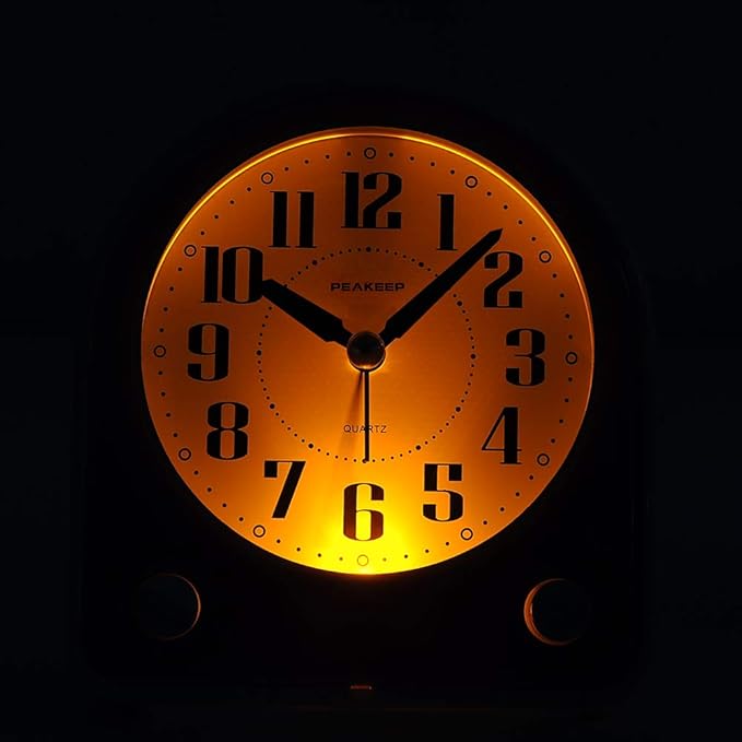 Peakeep Analog Alarm Clock Non-Ticking Silent, Optional 7 Wake-up Sounds with Volume Control, Nightlight and Snooze, AA Battery Operated (Black)