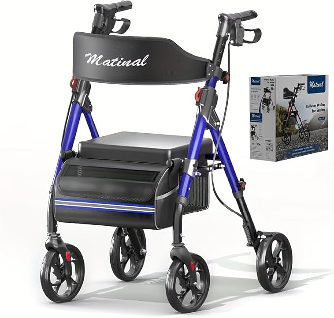 Foldable Rollator Walkers with Seat for Seniors, Lightweight Rollator Walker with 8" Big Wheels, Height Adjustable Ergonomic Rolling Walker Seat, Aluminum and Carbon Steel (Blue)