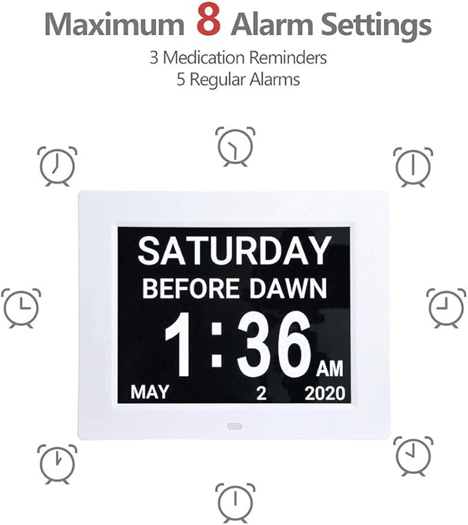 Yescom 8" Large Digital LCD Day Clock 8 Alarm Options Dimmable Calendar for Elderly Dementia Home Wall Table White