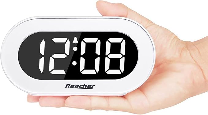 REACHER Small LED Digital Alarm Clock with Snooze, Simple to Operate, Full Range Brightness Dimmer, Adjustable Alarm Volume, Outlet Powered Compact Clock for Bedrooms, Bedside, Desk, Shelf(White)