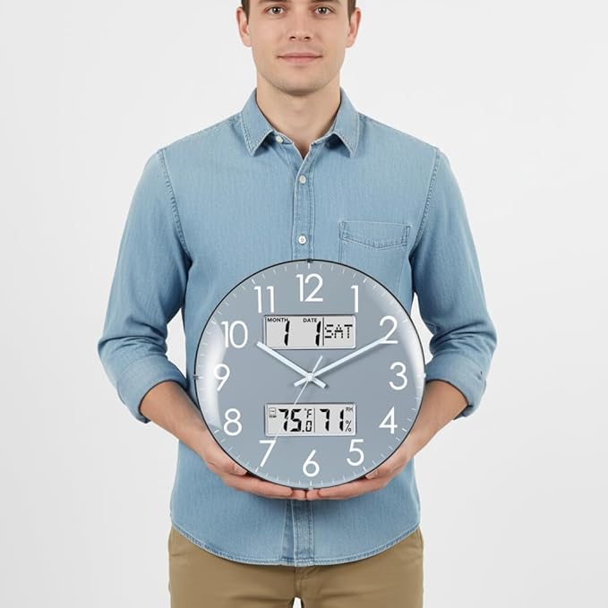 Nbdeal 13-Inch Analog Silent Wall Clock with Calendar Temperature & Humidity (Grey)