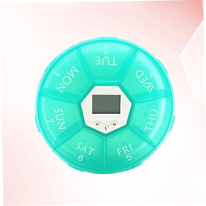 Electronic Medicine Organizer with Alarm Clock Reminder Portable Weekly Pill Box for Patients Easy-Read Day Labels Transparent Lids Green